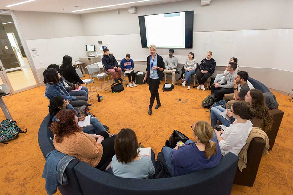 Dr Kristin Reimer teaching in RJ circle at Monash University Education Faculty